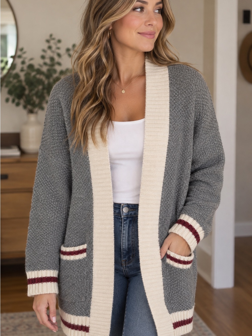 Ardene Gray and Cream Open-Front Cardigan with Burgundy Trim